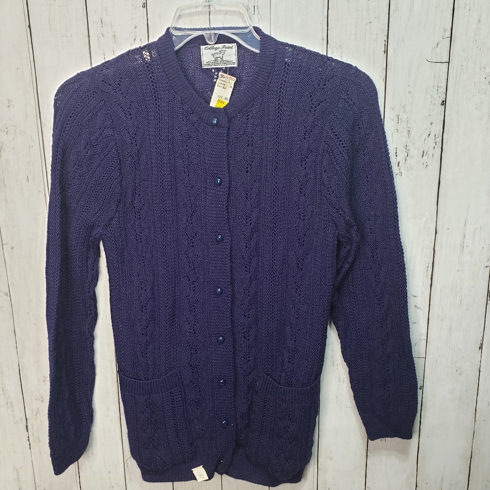 Vintage Deadstock NWT College Point Navy Knit Cardigan Sweater Size Medium.